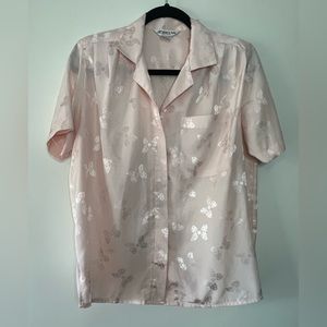 Vintage Jordan New York Button Up, V-Neck Pink Collared Blouse, Bow Print Sz 5/6